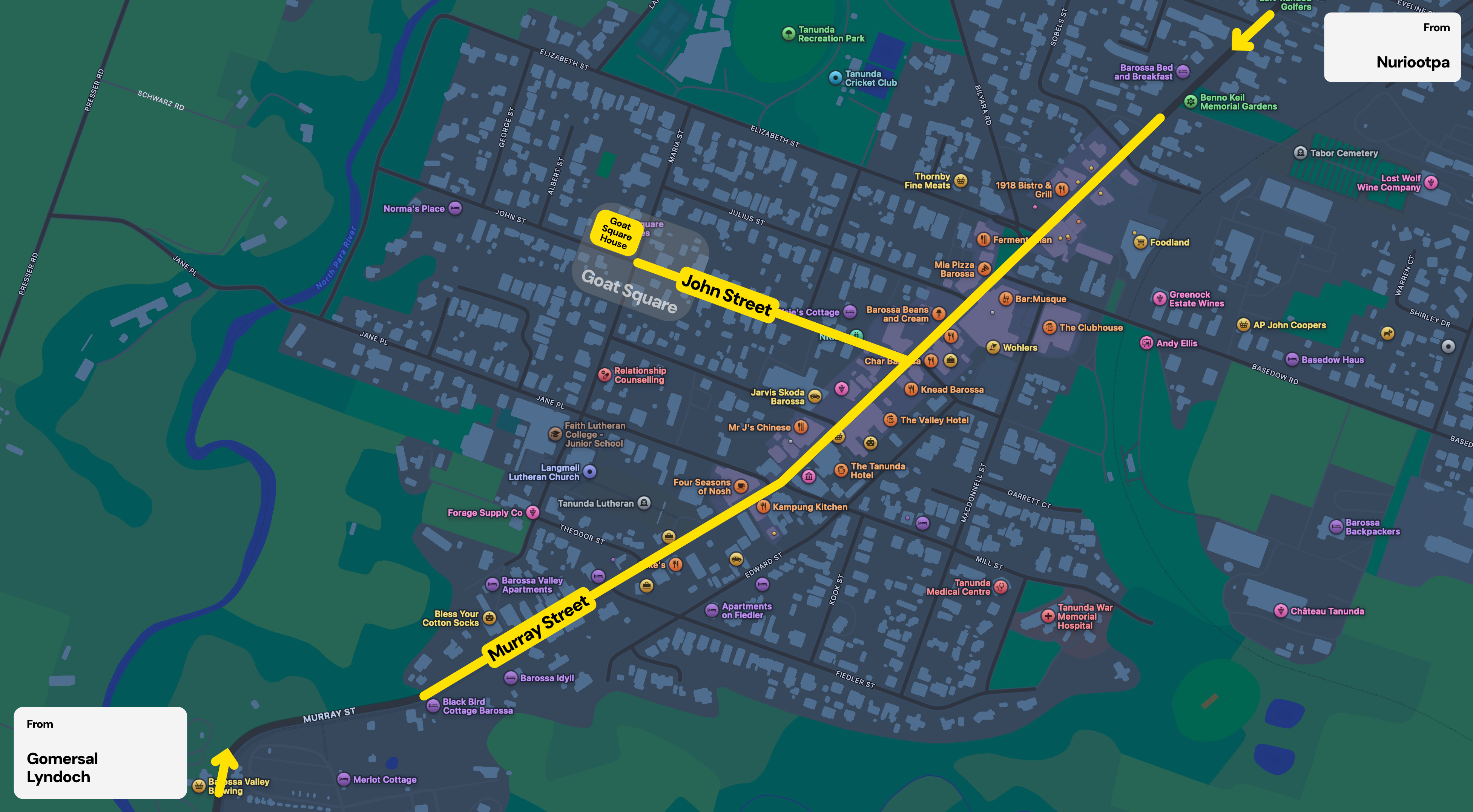 Map showing directions to Goat Square House in Tanunda, coming from Gomersal, Lyndoch or Nuriootpa.